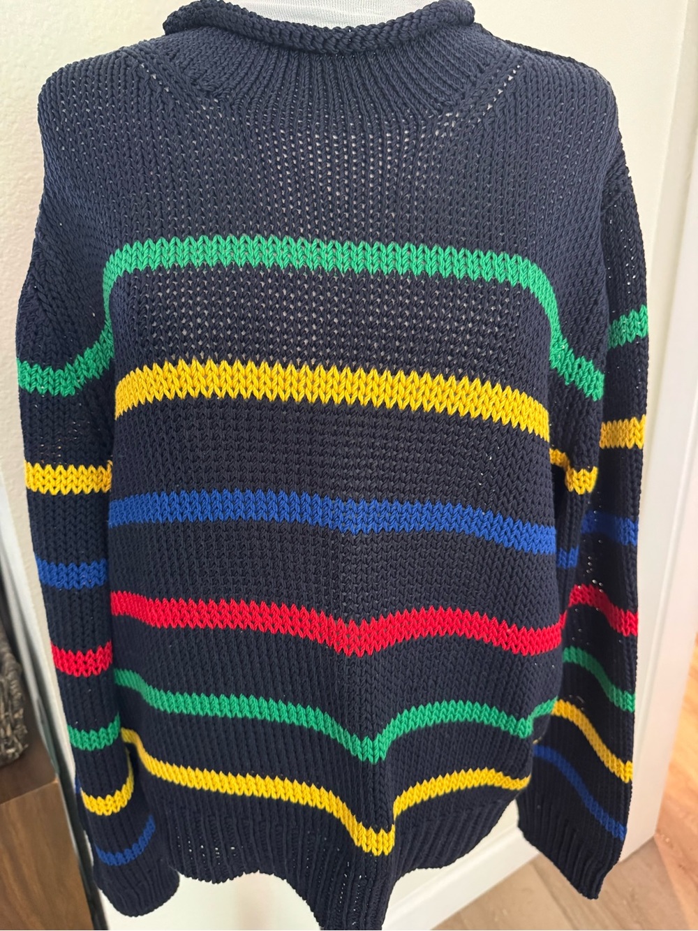 Ralph Lauren Navy Rollneck Sweater with Multicolor Stripes RARE